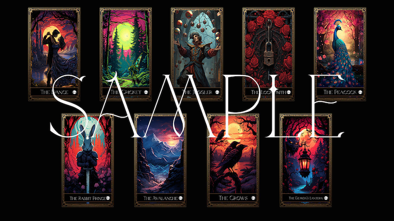 May include: A collection of tarot cards with dark, fantasy-themed illustrations. Each card features a unique scene, including a couple dancing, a forest, a juggler, a locked door, and a peacock. The word "SAMPLE" is overlaid on the cards.