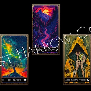 May include: A collection of tarot cards with fantasy art. The cards feature illustrations of wolves, landscapes, and figures. The text "LOST HARROW CARDS" is overlaid on the image. Each card has a title and number.