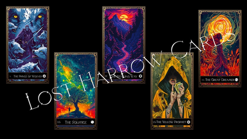 May include: A collection of tarot cards with fantasy art. The cards feature illustrations of wolves, landscapes, and figures. The text "LOST HARROW CARDS" is overlaid on the image. Each card has a title and number.
