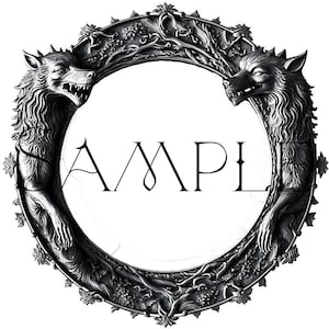 May include: Black and white illustration of two wolves facing each other, their heads forming a circle with a leafy vine design. The word "SAMPLE" is written in the centre of the circle.