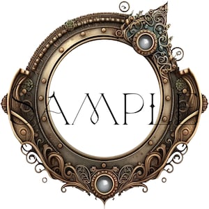 May include: A circular, ornate, gold-toned frame with intricate details and a pearl-like embellishment at the bottom. The frame has a distressed, aged look and is perfect for adding a vintage touch to any project.
