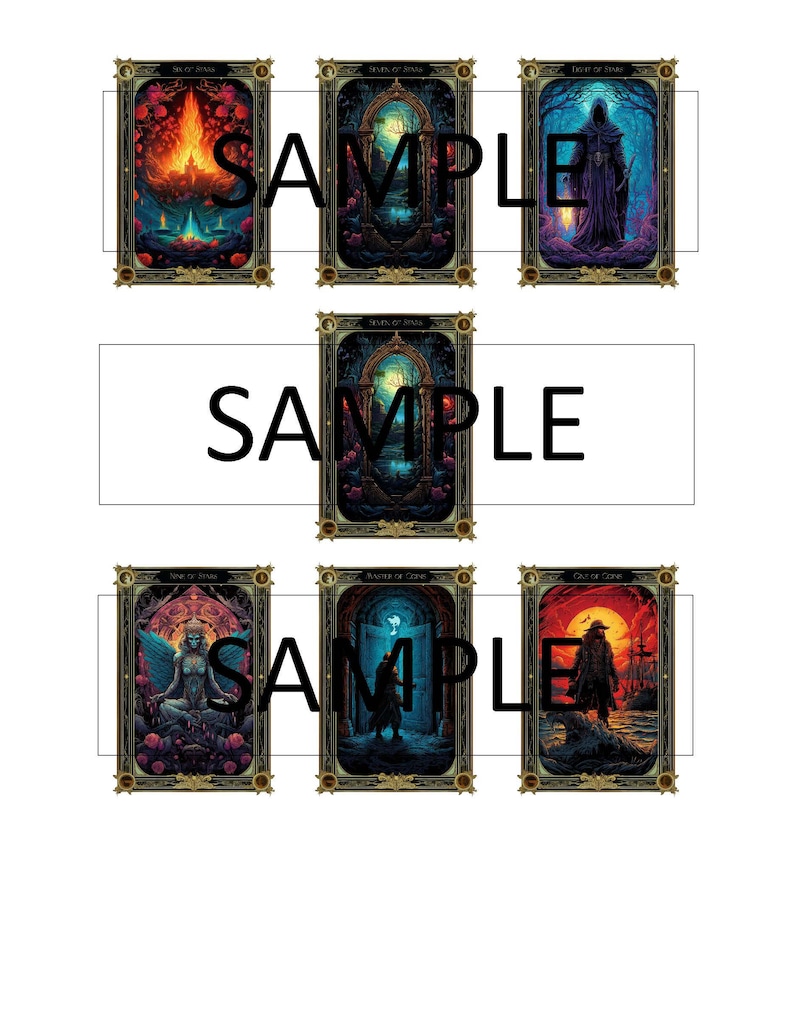 May include: Six tarot cards with ornate gold frames. Each card features a different image with a dark, fantasy theme. The cards are titled "Seven of Swords", "Seven of Pentacles", "Seven of Wands", "Seven of Cups", "Master of Cups", and "Queen of Swords".