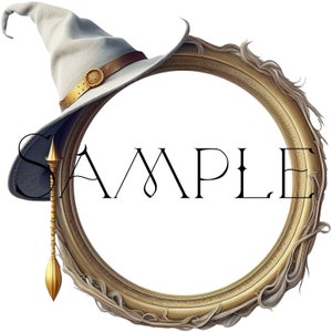 May include: A white witch's hat with a brown leather band and gold buckle sits on top of a gold ornate frame with a white background. The word "SAMPLE" is written in black text inside the frame.