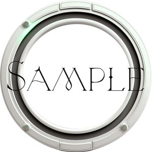 Puede incluir: Un marco circular blanco con un anillo interior gris y una inscripción negra que dice "SAMPLE".