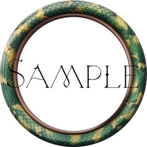May include: A round, green and yellow snake skin patterned frame with a white background and the word "SAMPLE" in black text.