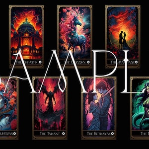May include: A collection of fantasy-themed tarot cards with vibrant illustrations. Each card features a unique design, including a throne, theater, unicorn, and couple. The word "SAMPLE" is displayed across the cards.