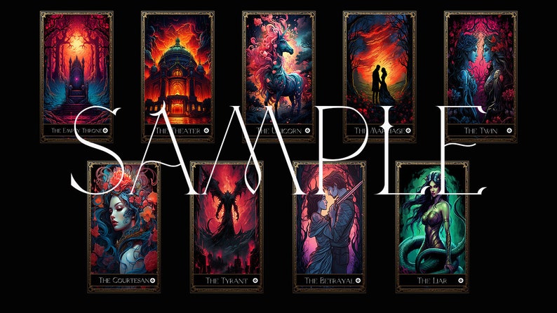 May include: A collection of fantasy-themed tarot cards with vibrant illustrations. Each card features a unique design, including a throne, theater, unicorn, and couple. The word "SAMPLE" is displayed across the cards.