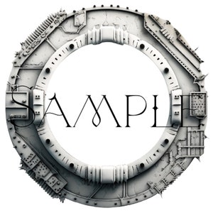 May include: A circular, white, metal frame with a textured surface and intricate details. The frame has a large, round opening in the center. The frame is reminiscent of a spaceship or a futuristic door.