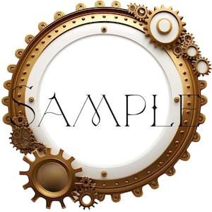 May include: A gold-colored circular frame with intricate gears and cogs around the edge. The frame has a white center with the word "SAMPLE" in black text.