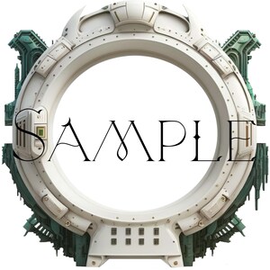 May include: A white circular frame with a green and white design. The frame has a large opening in the center and the word "SAMPLE" is written in the center of the opening.