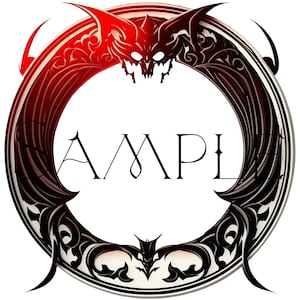 May include: A black and red circular design with intricate details. The design features a stylized bat with a menacing expression. The word "SAMPLE" is written in the center of the circle.
