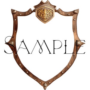 May include: A wooden shield with a gold crest featuring a stylized bird design. The shield has a brown wood frame with metal accents and the word "SAMPLE" written in black text.