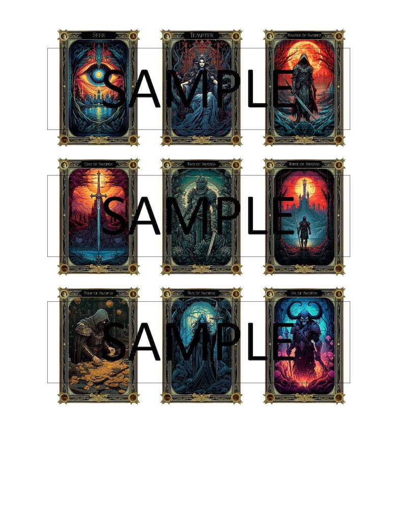 May include: Nine tarot cards with ornate gold frames and dark backgrounds. The cards depict various figures and symbols, including a woman in a blue dress, a man with a sword, and a hooded figure.