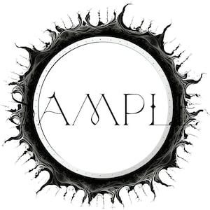 Puede incluir: Diseño abstracto en blanco y negro con un marco circular y la palabra "SAMPLE" en el centro.