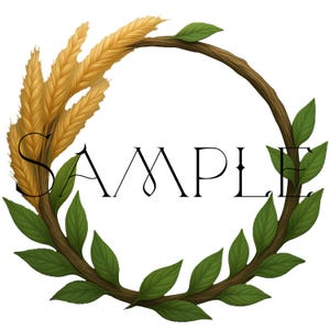 May include: A circular wreath design featuring a brown branch, green leaves, and golden wheat. The word "SAMPLE" is written in elegant black script across the center of the wreath. The design is set against a white background.