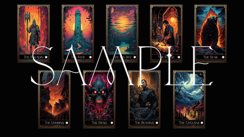 May include: A collection of fantasy-themed tarot cards with vibrant illustrations. Each card features a unique scene, including a knight, a lighthouse, a sunset, a blacksmith, and a bear. The word "SAMPLE" is overlaid on the image.