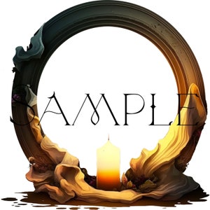 May include: A circular frame made of dark wood with a candle in the center. The frame is decorated with a yellow and brown floral design. The word "SAMPLE" is written in black text in the center of the frame.