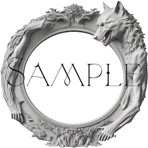 May include: A white ornate frame with a wolf's head on the right side and a wolf's arm on the left side. The frame is circular and has a floral design.