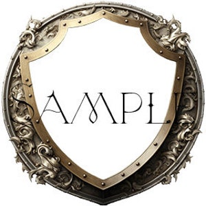 May include: A round, ornate, silver and gold shield with a decorative border. The shield is blank and ready for customization.