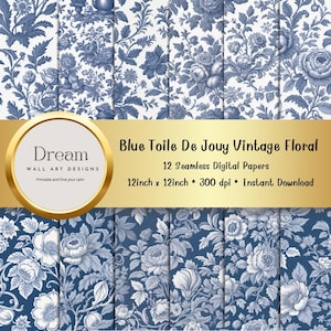 Blue Toile De Jouy Digital Seamless Paper | Chinoiserie Floral Scrapbook Paper Pack | Seamless Pattern Downloads