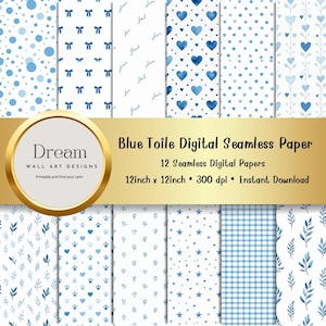Blue Toile Digital Seamless Paper | Coquette Bow Patterns For Baby Shower, Scrapbook Digital | Seamless Pattern Download