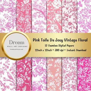 Pink Toile De Jouy Digital Seamless Paper | Chinoiserie Floral Scrapbook Paper Pack | Seamless Pattern Downloads