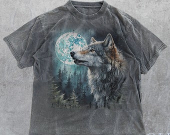 Camisa gráfica Vintage Wolf de los años 90, camiseta retro Wolf Lovers, camisa Nature Moon de la década de 2000, camiseta de gran tamaño unisex Nostalgia, lindo regalo de lobo, camisa negra