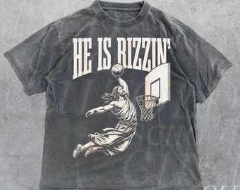 Chemise vintage des années 90 He Is Rizzin, chemise Jésus drôle, chemise de Pâques humour, chemise de Pâques chrétienne, cadeau de Pâques, Jésus jouant au basket-ball