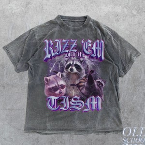 Rizz Em With The Tism Vintage Bootleg Shirt, Vintage 90s Funny Raccoon Graphic Shirt, Autism Awareness, Raccoon Meme Tee, Oversize Shirt