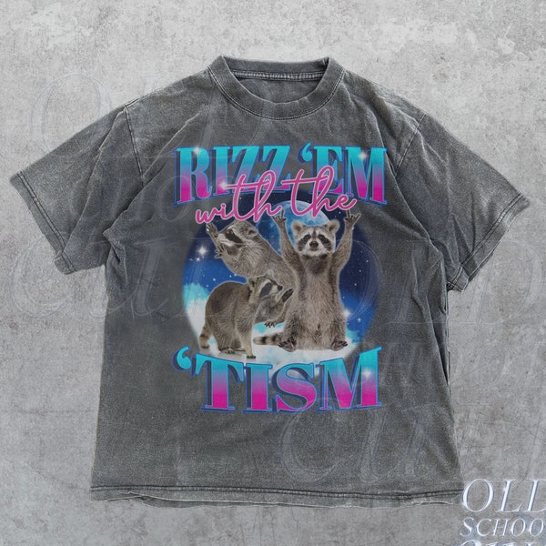 Rizz Em With The Tism Vintage Graphic Shirt, Retro 90s Funny Raccoon Graphic Shirt, Autism Awareness, Raccoon Meme Tee, Funny Bootleg