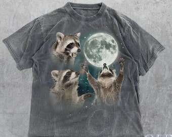 Tres mapaches camisetas gráficas vintage, camiseta retro mapache luna, amantes de los mapaches, camiseta divertida de mapaches, camiseta lavada de gran tamaño, regalos de mapaches