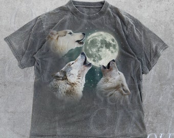 Drei Wölfe Vintage Grafik-T-Shirts, Retro Wolf Mond-T-Shirt, Wolf-Liebhaber, lustiges Tier-T-Stück, übergroßes gewaschenes T-Stück, dumme Hemd-Geschenke