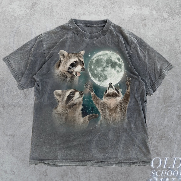 Tres mapaches camisetas gráficas vintage, camiseta retro mapache luna, amantes de los mapaches, camiseta divertida de mapaches, camiseta lavada de gran tamaño, regalos de mapaches