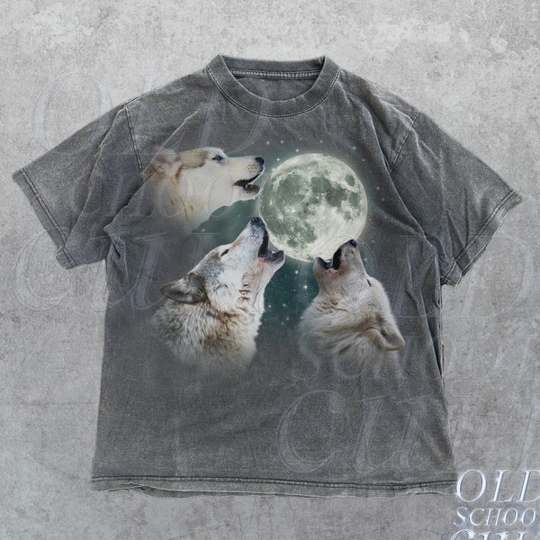 Three Wolves Vintage Graphic T-shirts, Retro Wolf Moon Tshirt, Wolf Lovers, Funny Animal Tee, Oversized Washed Tee, Silly Shirt Gifts