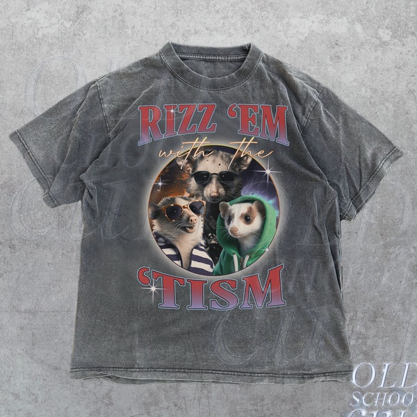 Rizz Em With The Tism Retro Opossums Shirt, Vintage Funny Possums Graphic Shirt, Autism Awareness, Unisex Adult Relaxed Soft Cotton Shirt