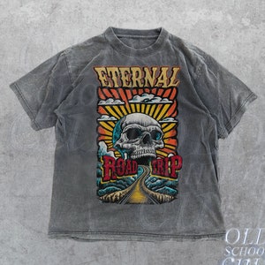 Eternal Road Trip Retro T-Shirt, Vintage 90s Skull Graphic Shirt, Washed Relaxed Shirt, Retro Unisex Graphic Shirts, Road Trip Shirts