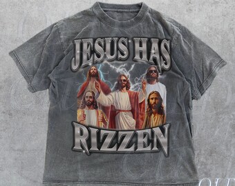 Jesus Has Rizzen Vintage 90s Bootleg T-Shirt, Retro 2000s Graphic Tee, Funny T Shirt, Washed Cotton Shirt, Unisex Adult Washed Bootleg Tees