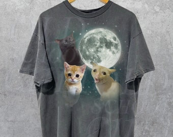Three Cats Retro Moon Graphic T-shirts, Vintage Cat Moon Tshirt, Cat Lovers, Funny Cat Tee, Oversized Washed Tee, Cat Meme T Shirt,Weird Tee