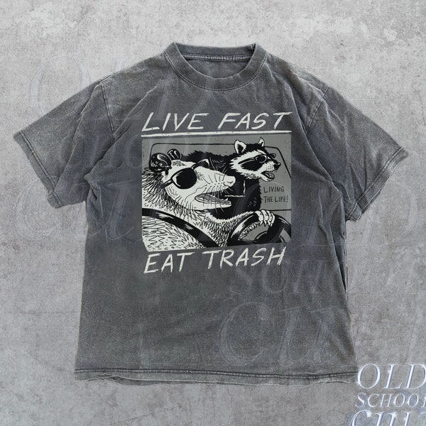 Vintage Opossum Live Fast Eat Trash 90s Style Graphic T-Shirt, Retro Raccoon Shirt, Trendy Shirts, Adult Unisex Relaxed Shirt, Washed Tee