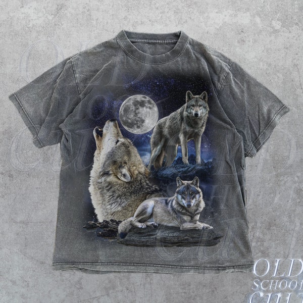 Three Wolves Howling Vintage Graphic T-shirts, Retro Wolf 90s Moon Tshirt, Wolf Lovers Gift, Relaxed Washed Tee, Unisex Galaxy T Shirt