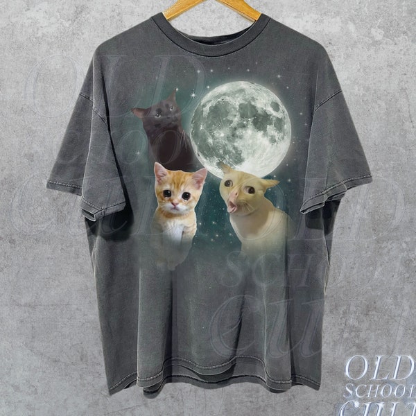 Three Cats Retro Moon Graphic T-shirts, Vintage Cat Moon Tshirt, Cat Lovers, Funny Cat Tee, Oversized Washed Tee, Cat Meme T Shirt,Weird Tee