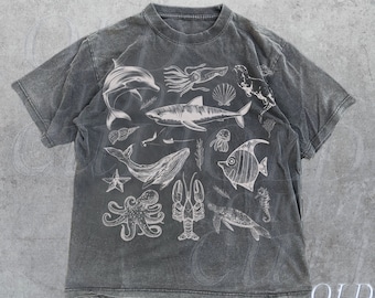 Tshirt vintage des années 90 avec tatouage animal marin, chemise rétro océan Nature, vie marine, océan, baleine, orque, tortue, chemise dauphin, t-shirt adulte lavé unisexe