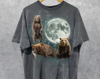 Three Bears Moon Vintage Graphic T-shirts, Retro Bear Tshirt, Bear Lovers, Funny Bear Tee, Oversized Unisex Washed Tee