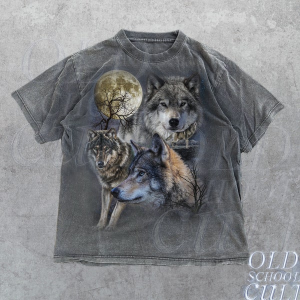 Vintage Wolves 90s Graphic Shirt, Wolf Lovers Retro Tee, 2000s Nature Moon Shirt, Nostalgia Unisex Oversize Tee, Cute Wolf Gift, Washed Tee