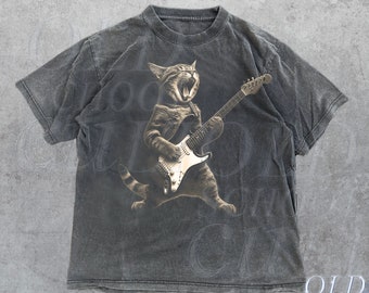 Rock Cat Playing Guitar Vintage Shirt, Retro Funny Guitar Cat T-Shirt, Cat Lovers, Rock Lovers Gift, Funny Gift, Rocker Oversized Shirt