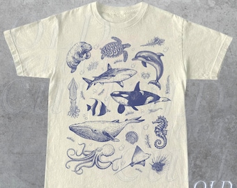 Vintage 90s tatuaje camiseta de animales marinos, camisa retro de la naturaleza del océano, vida marina, océano, ballena, orca, tortuga, camisa de delfines, camiseta unisex relajada para adultos