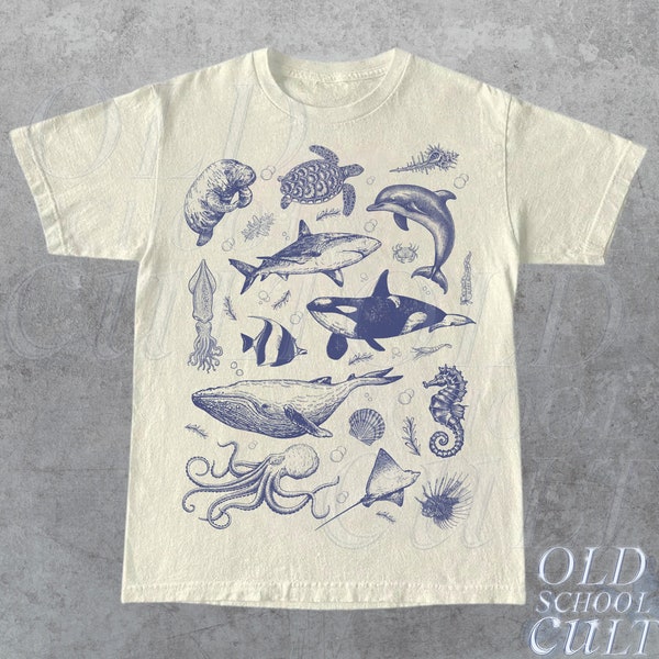 Vintage 90s tatuaje camiseta de animales marinos, camisa retro de la naturaleza del océano, vida marina, océano, ballena, orca, tortuga, camisa de delfines, camiseta unisex relajada para adultos