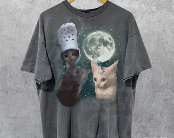 Drei Katzen Vintage Grafik T-Shirts, Retro Katzen Mond T-Shirt, Katzenliebhaber, lustiges Katzen T-Shirt, übergroßes gewaschenes T-Shirt, Meme T-Shirt, hässliche Shirts