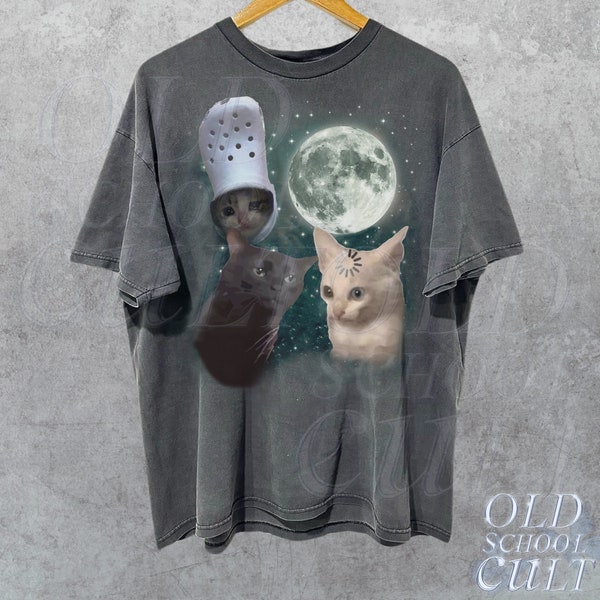Three Cats Vintage Graphic T-shirts, Retro Cat Moon Tshirt, Cat Lovers, Funny Cat Tee, Oversized Washed Tee, Meme T Shirt, Ugly Shirts