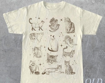 Vintage 90er Jahre Tattoo-Katzen-T-Shirt, Retro-Kätzchen-Natur-Shirt, Katzenliebhaber-Geschenk, Katzen im Weltraum Unisex entspanntes Grafik-T-Shirt für Erwachsene, lustige Geschenke